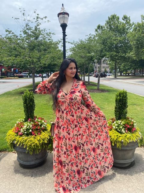 Pastel Red Floral Print Ruffle Trim Plunge Neckline Maxi Dress - Cowtown Bling N Things