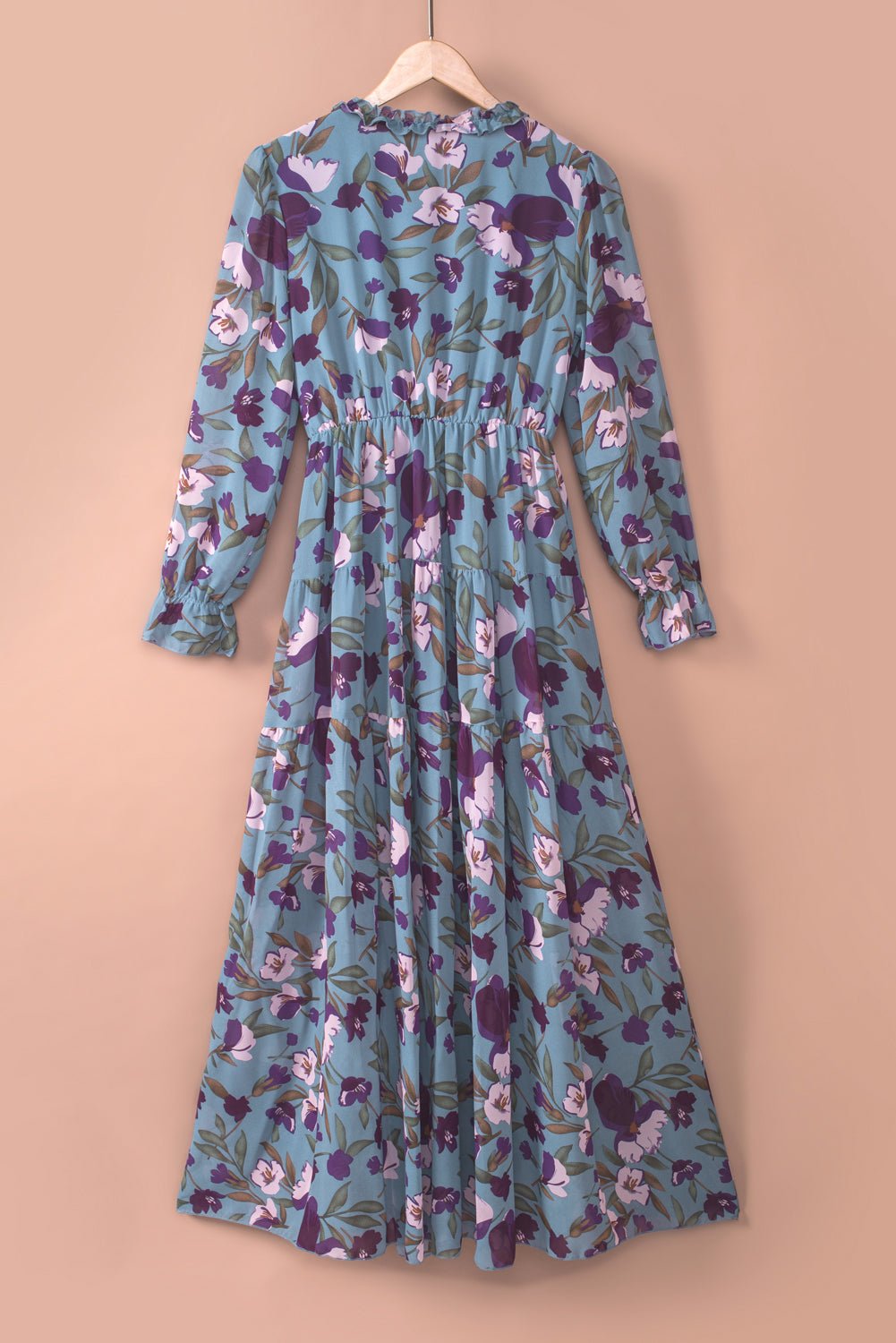 Pastel Red Floral Print Ruffle Trim Plunge Neckline Maxi Dress - Cowtown Bling N Things