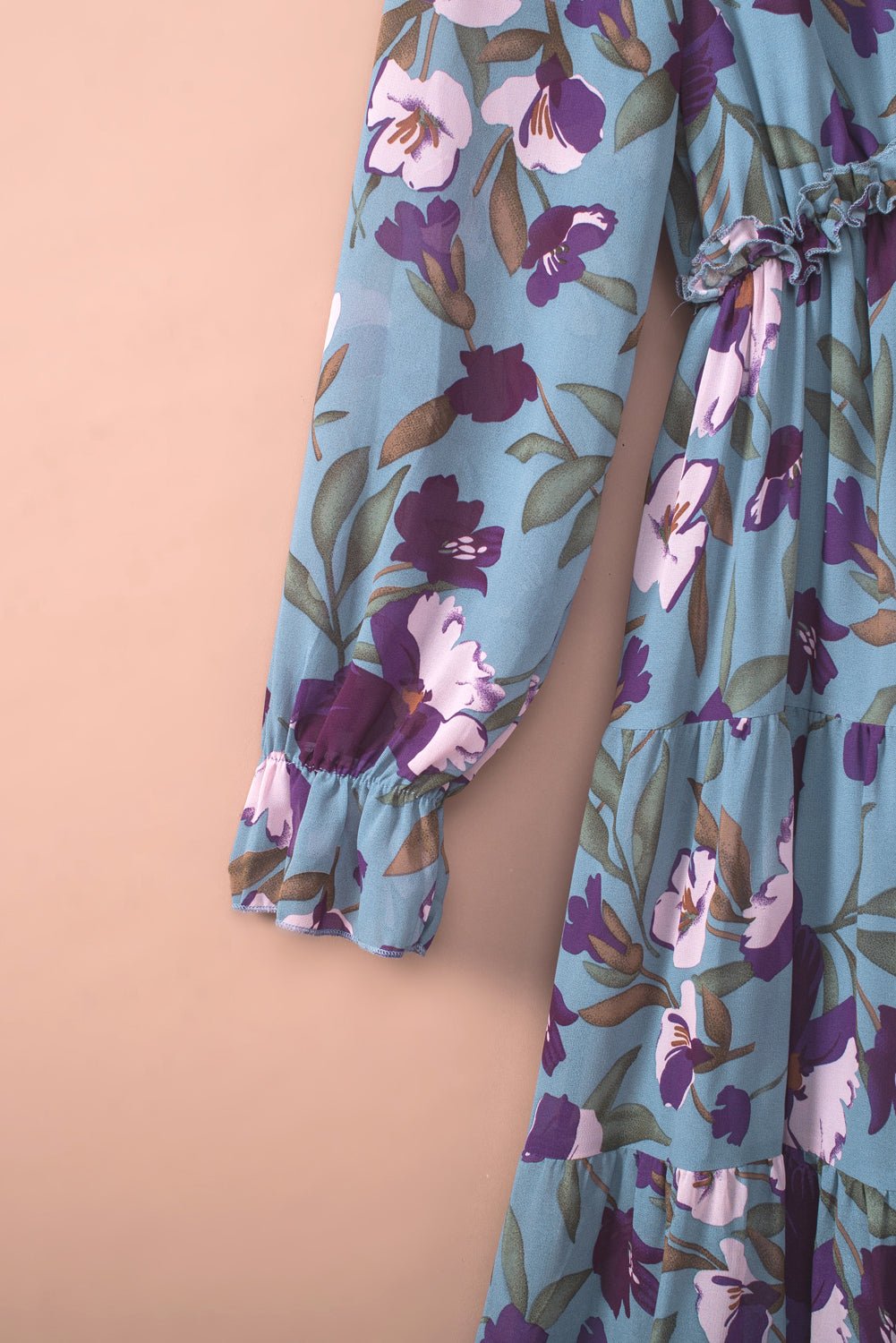 Pastel Red Floral Print Ruffle Trim Plunge Neckline Maxi Dress - Cowtown Bling N Things