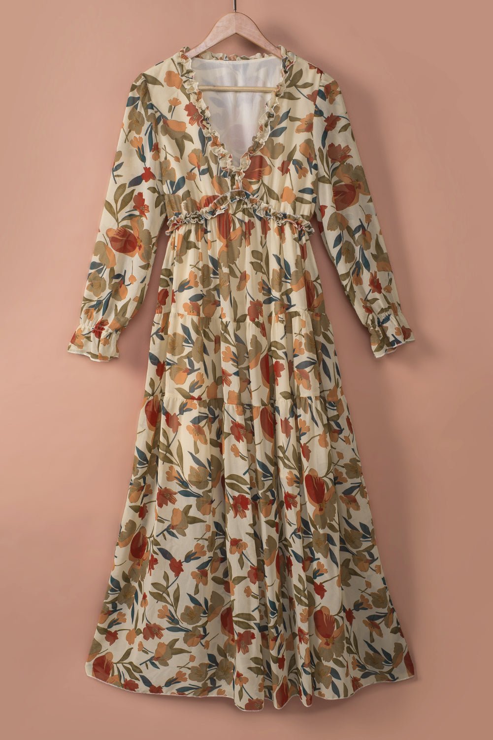 Pastel Red Floral Print Ruffle Trim Plunge Neckline Maxi Dress - Cowtown Bling N Things