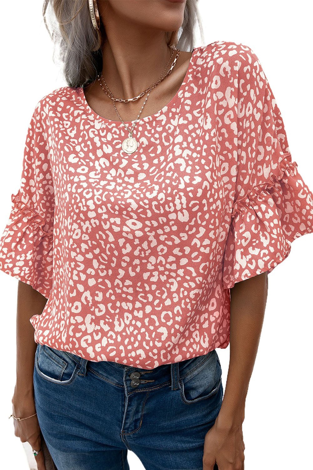 Pink Leopard Print Casual Flounce Sleeve Blouse b - Cowtown Bling N Things