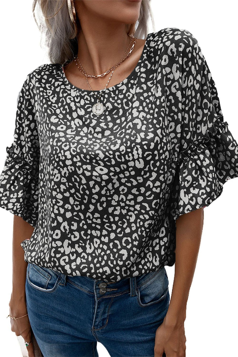 Pink Leopard Print Casual Flounce Sleeve Blouse b - Cowtown Bling N Things
