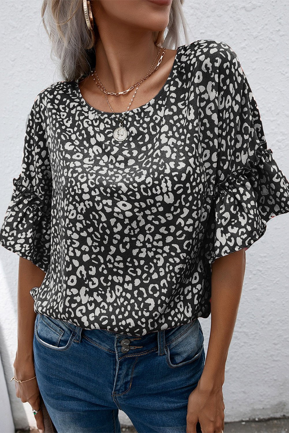 Pink Leopard Print Casual Flounce Sleeve Blouse b - Cowtown Bling N Things