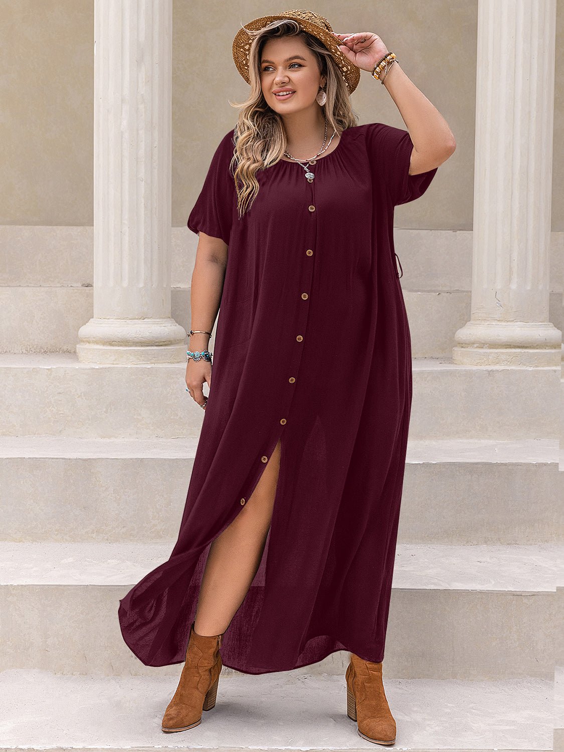 Plus Size Round Neck Half Sleeve Dress - Cowtown Bling N Things