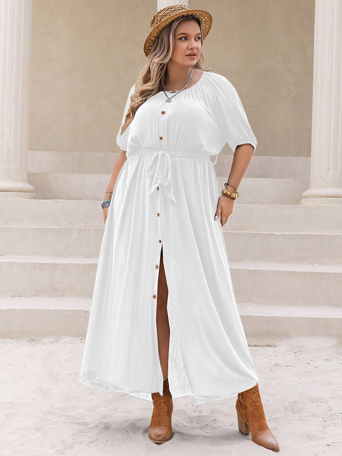 Plus Size Round Neck Half Sleeve Dress - Cowtown Bling N Things