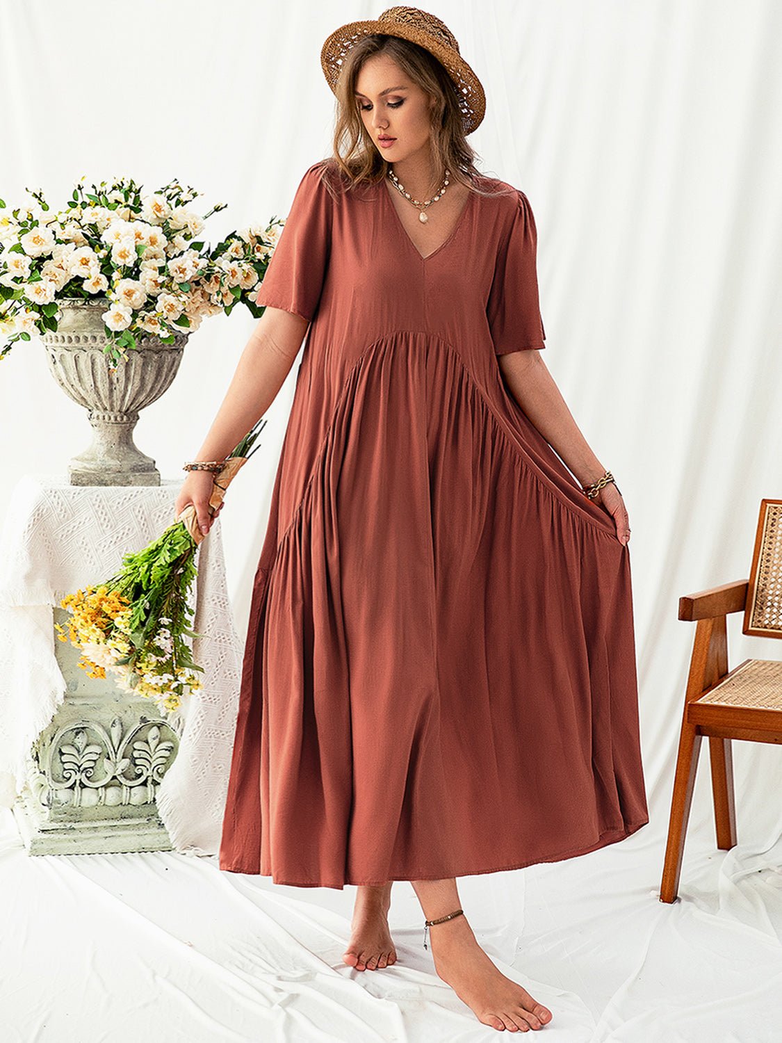 Plus Size V - Neck Flutter Sleeve Midi Dress - Cowtown Bling N Things