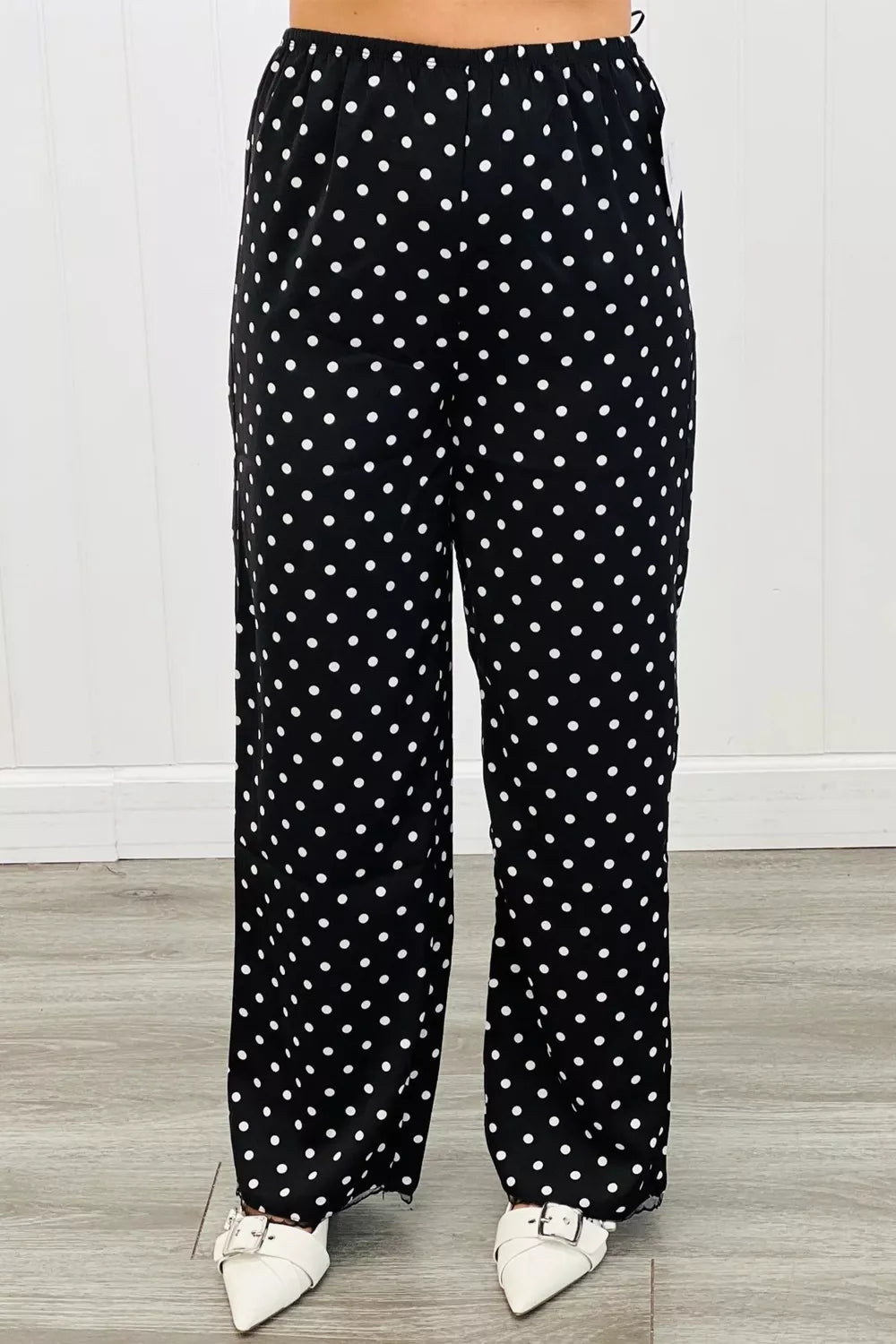 Polka Dot Print Elastic Waist Lace Hem Loose Pants - Cowtown Bling N Things