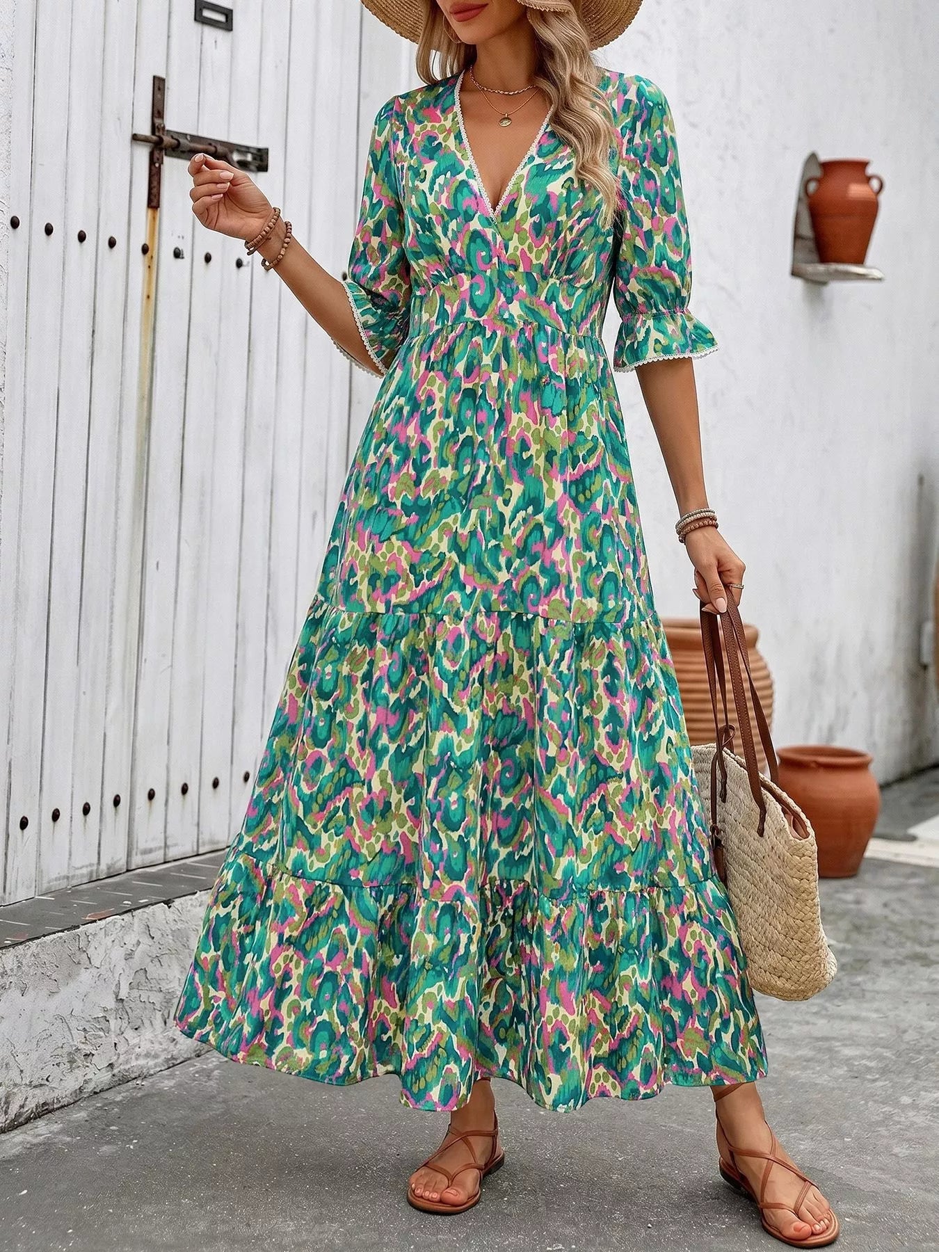 Printed V - Neck Flounce Sleeve Dress - Cowtown Bling N Things