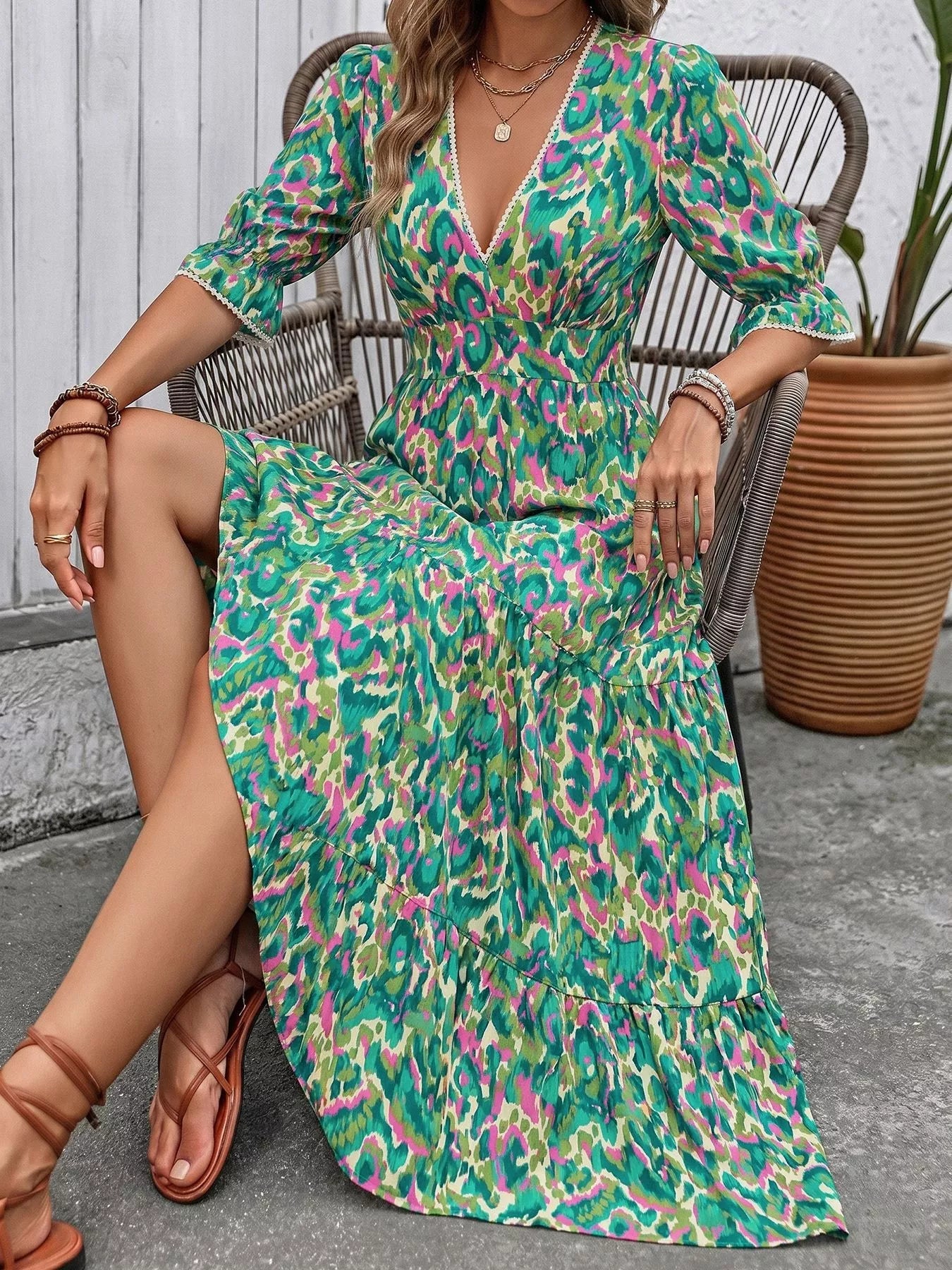 Printed V - Neck Flounce Sleeve Dress - Cowtown Bling N Things