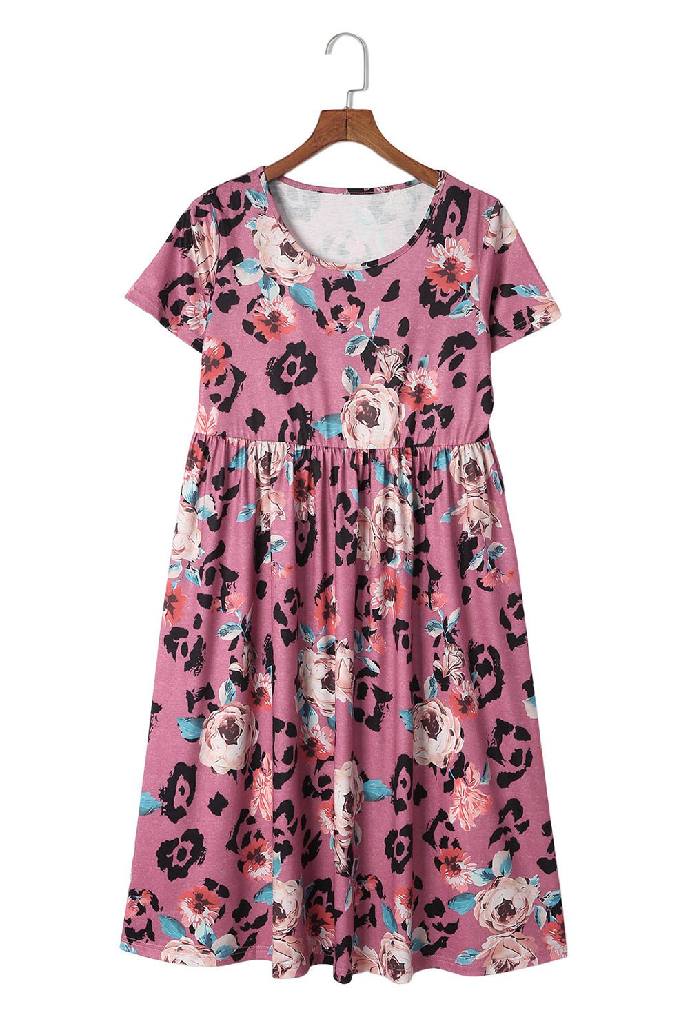Red Foral Print Short Sleeve A - line High Waist Dress - Cowtown Bling N Things