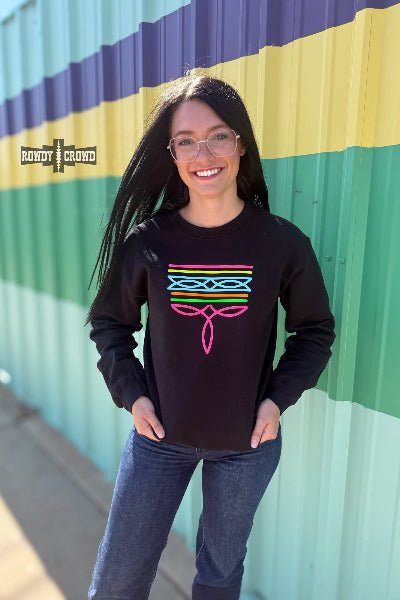 Rowdy Crowd Clothing BLACK Neon Boot Stitch Sweater - Cowtown Bling N Things