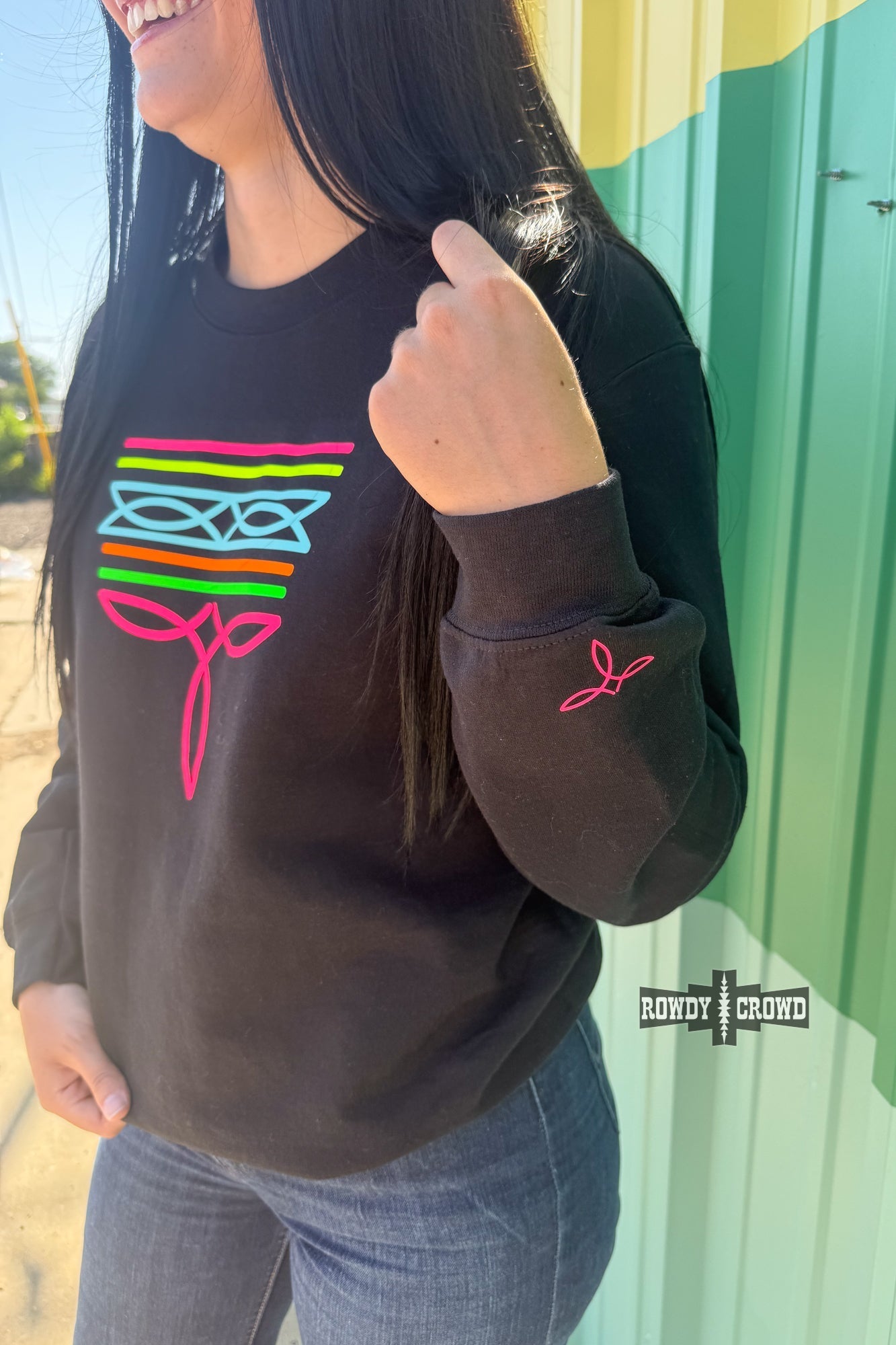 Rowdy Crowd Clothing BLACK Neon Boot Stitch Sweater - Cowtown Bling N Things