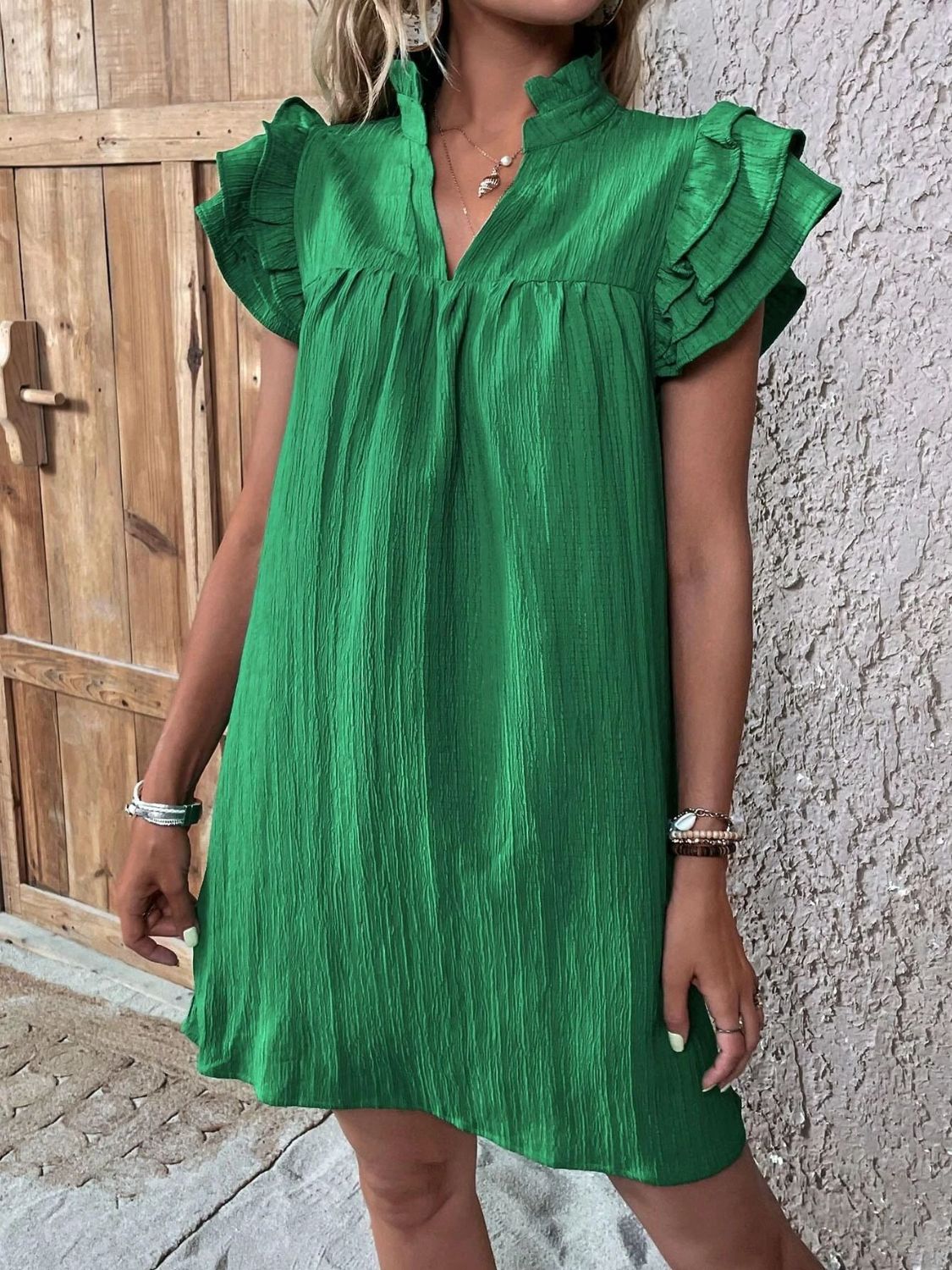 Ruffled Notched Cap Sleeve Mini Dress - Cowtown Bling N Things