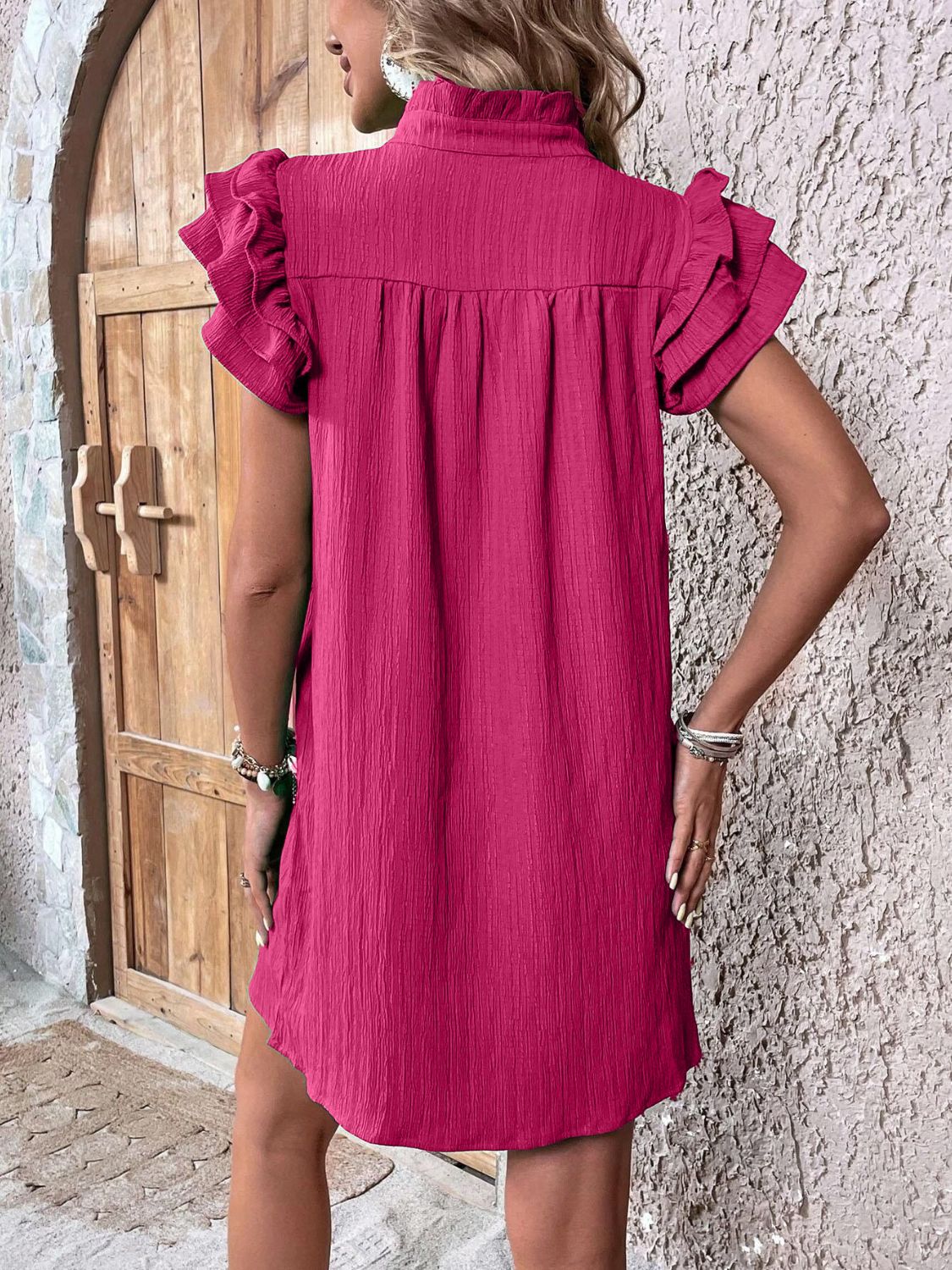 Ruffled Notched Cap Sleeve Mini Dress - Cowtown Bling N Things