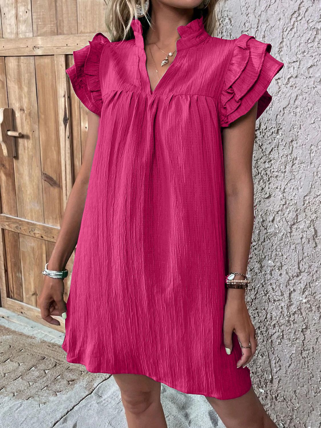 Ruffled Notched Cap Sleeve Mini Dress - Cowtown Bling N Things
