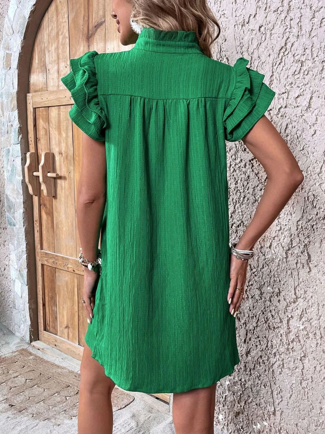 Ruffled Notched Cap Sleeve Mini Dress - Cowtown Bling N Things