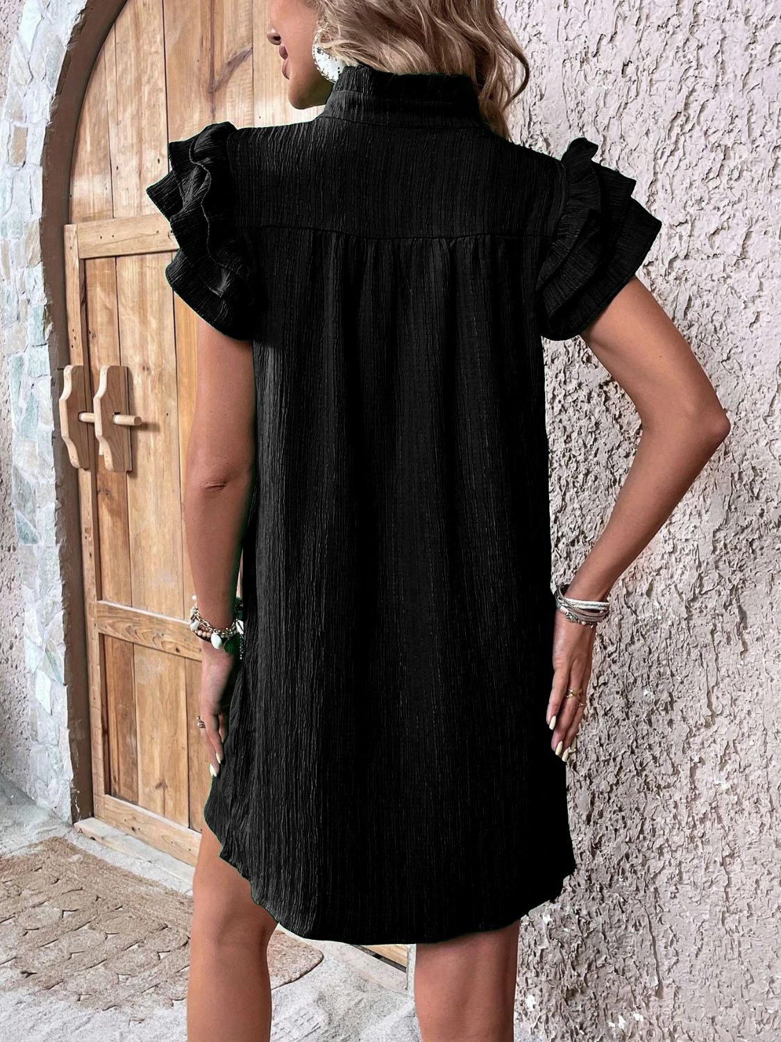 Ruffled Notched Cap Sleeve Mini Dress - Cowtown Bling N Things