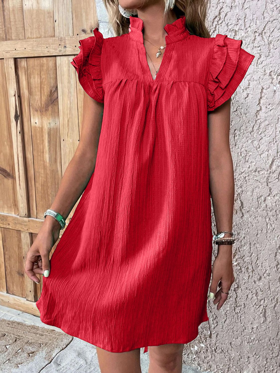 Ruffled Notched Cap Sleeve Mini Dress - Cowtown Bling N Things