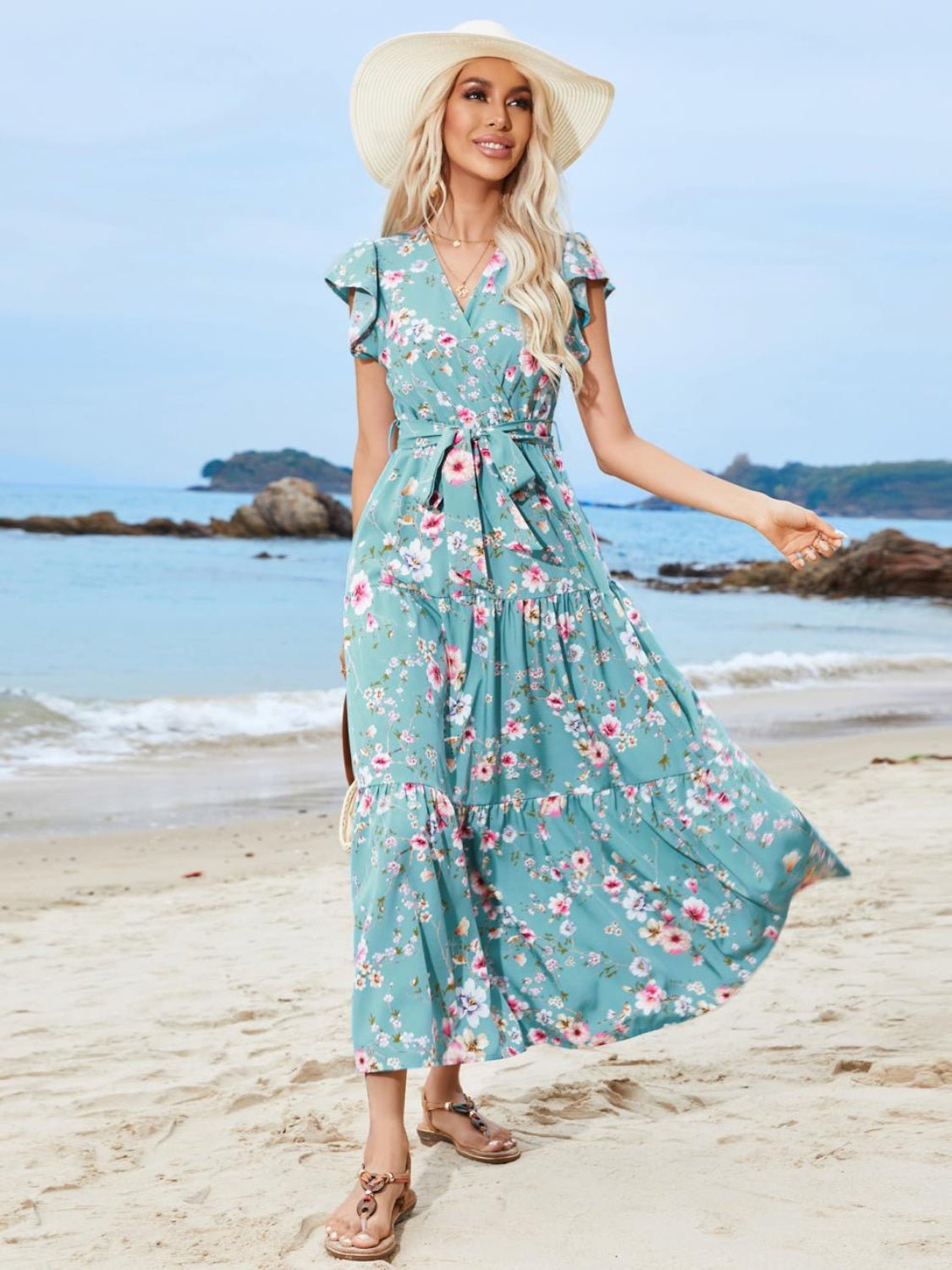 Ruffled Printed Surplice Cap Sleeve Midi Dress - Cowtown Bling N Things