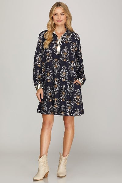 She + Sky Long Sleeve Printed Mini Dress with Contrast Detail | Cowtown Bling N Things - Cowtown Bling N Things