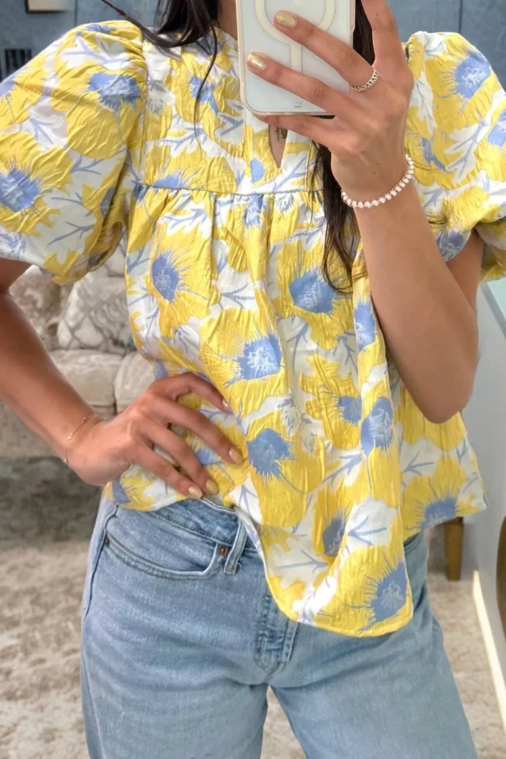 Short Bubble Sleeve Summer Floral Blouse - Cowtown Bling N Things