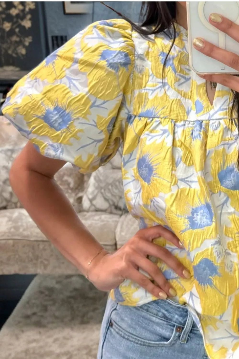 Short Bubble Sleeve Summer Floral Blouse - Cowtown Bling N Things
