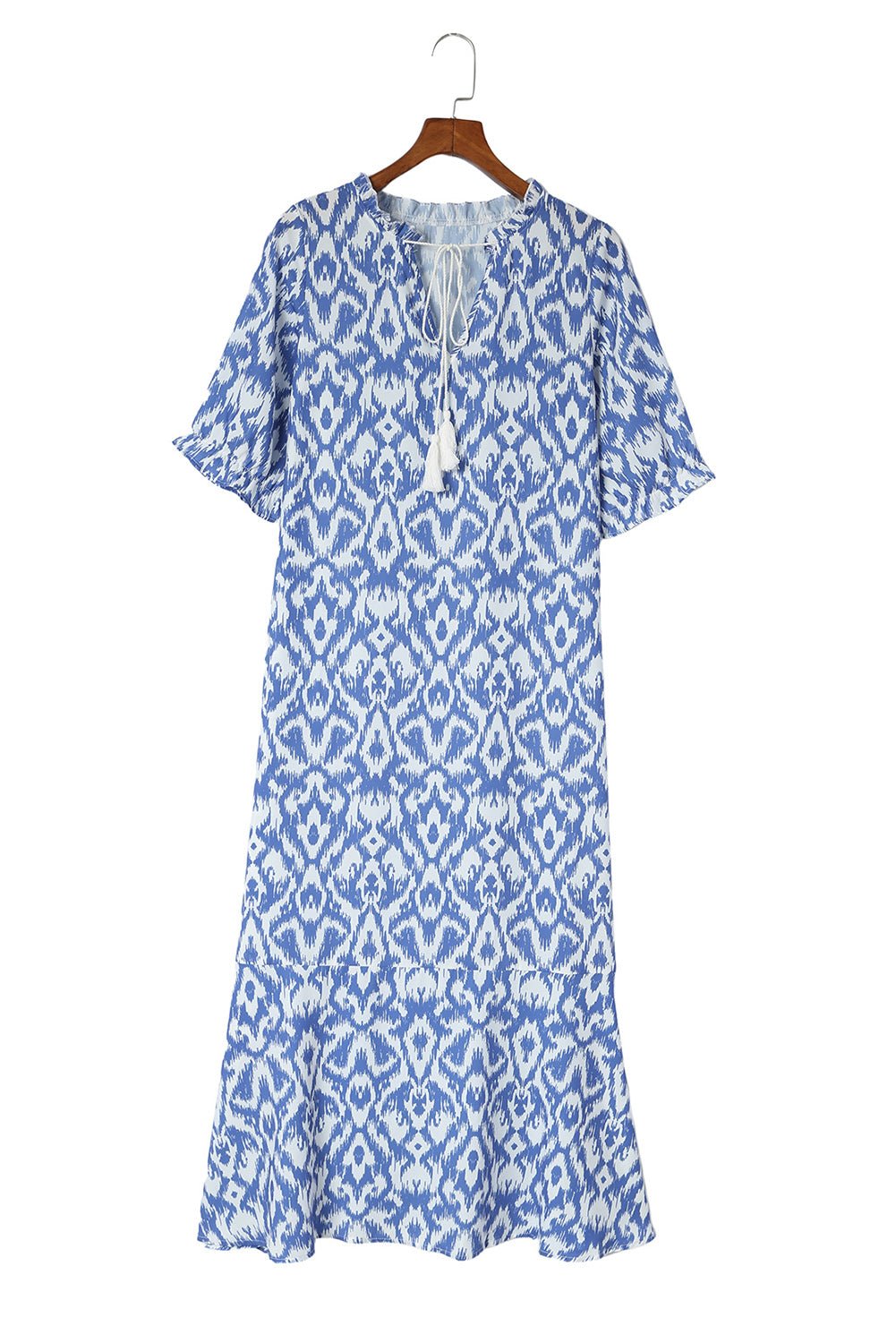 Sky Blue Geometric Print Casual V Neck Maxi Dress - Cowtown Bling N Things