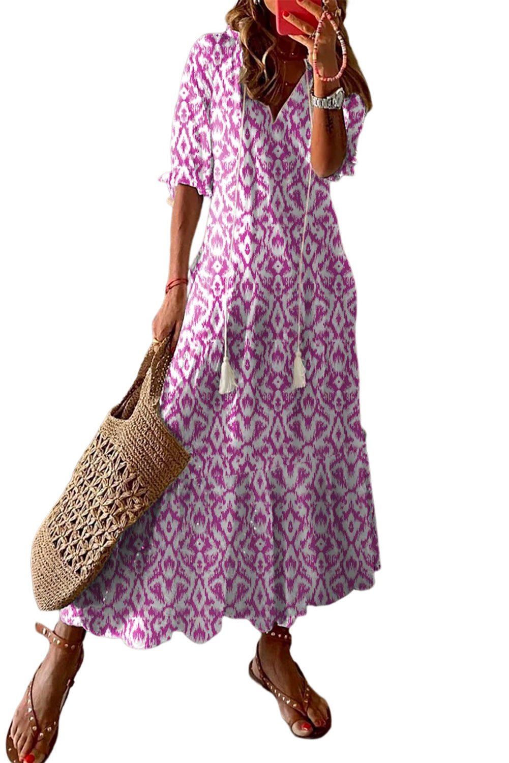 Sky Blue Geometric Print Casual V Neck Maxi Dress - Cowtown Bling N Things