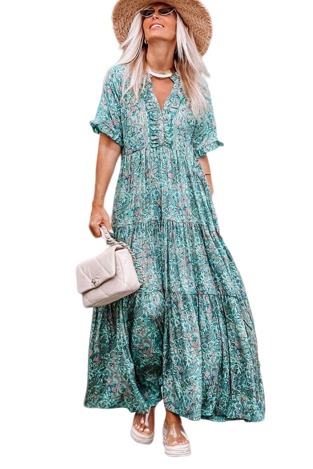 Sky Blue Paisley Print Split V Neck Tiered Boho Maxi Dress - Cowtown Bling N Things