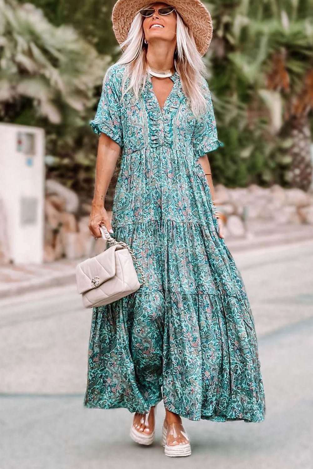 Sky Blue Paisley Print Split V Neck Tiered Boho Maxi Dress - Cowtown Bling N Things
