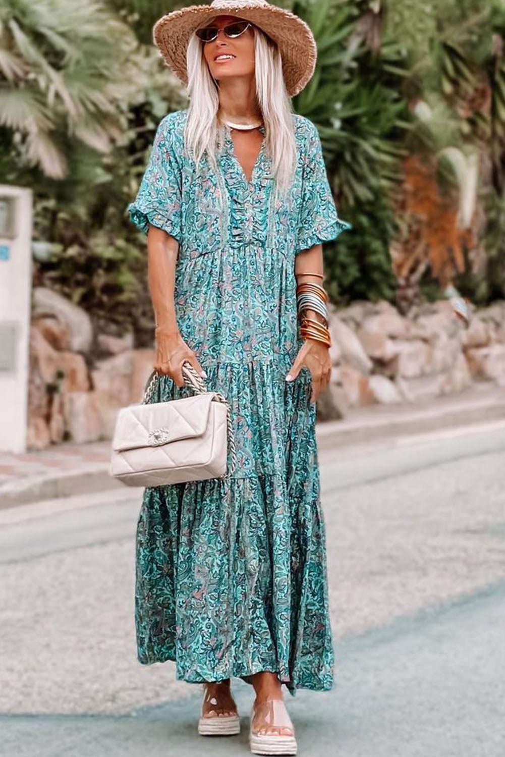 Sky Blue Paisley Print Split V Neck Tiered Boho Maxi Dress - Cowtown Bling N Things