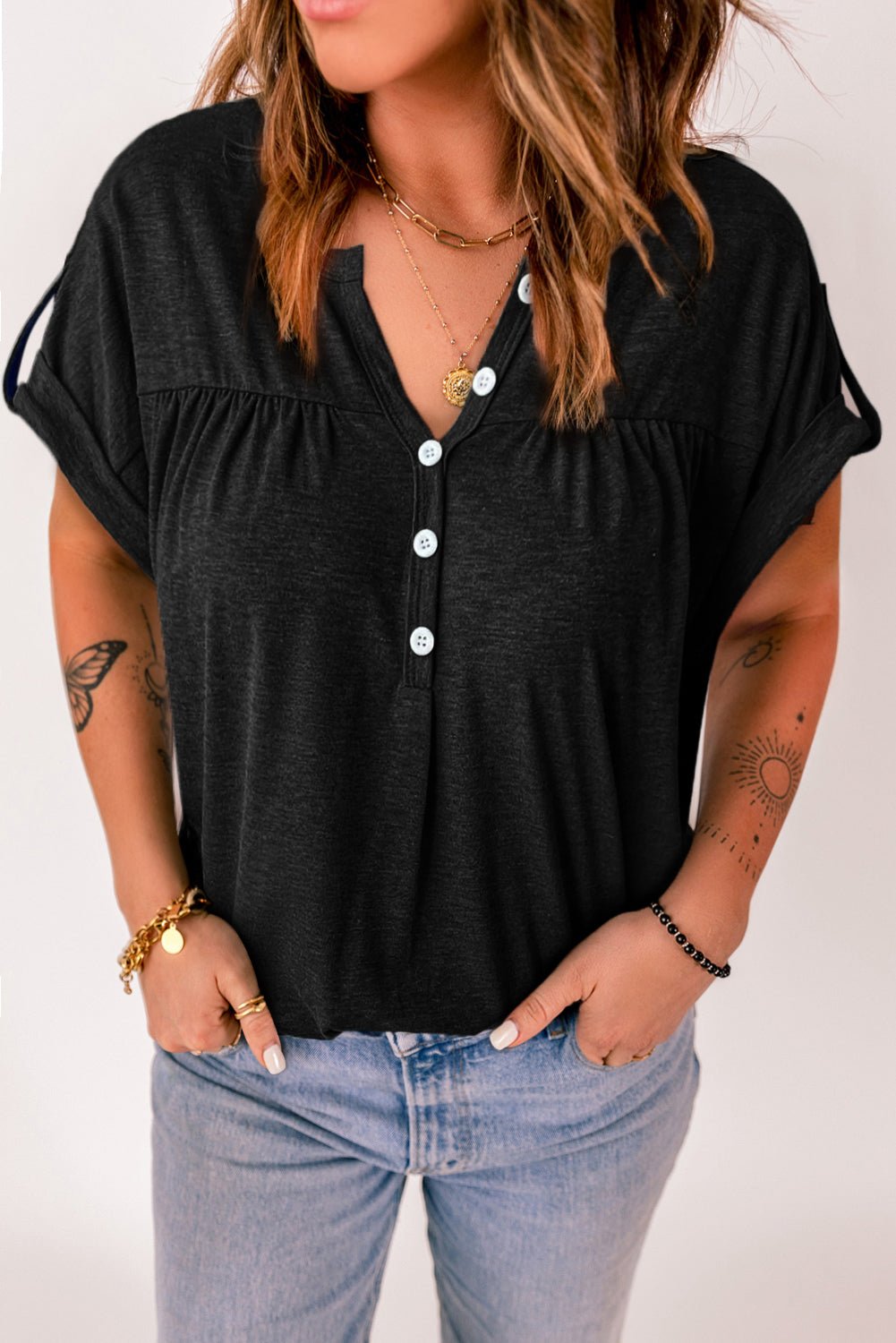 Solid Button V Neck Short Sleeve Top - Cowtown Bling N Things