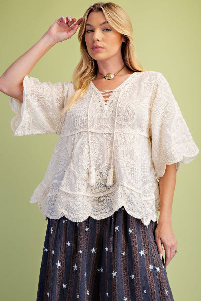 Easel Half Sleeve Embroidery Babydoll Tunic