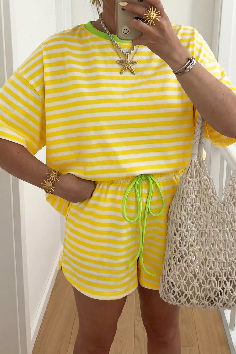 Stripe Contrast Neck Loose Tee and Drawstring Shorts Set - Cowtown Bling N Things