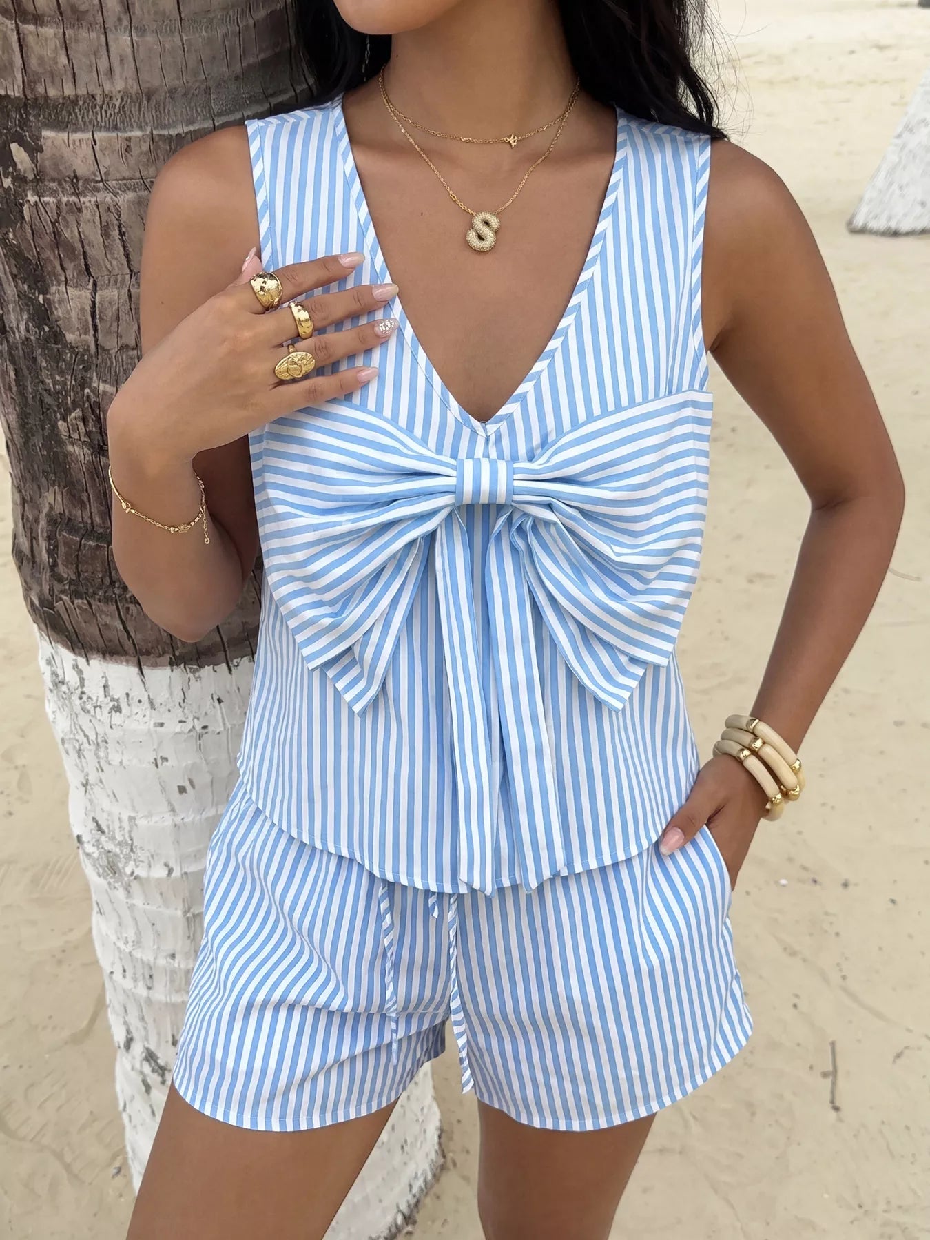 Striped Bowknot Sleeveless Top & Shorts Set - Cowtown Bling N Things