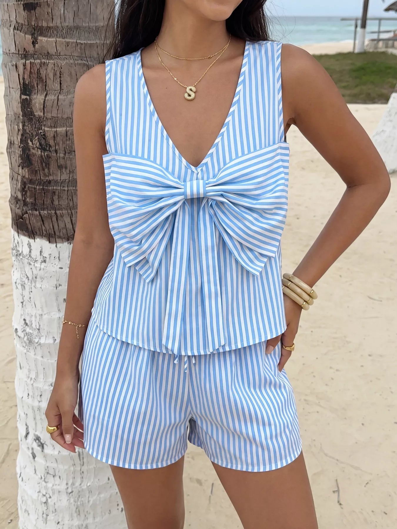 Striped Bowknot Sleeveless Top & Shorts Set - Cowtown Bling N Things