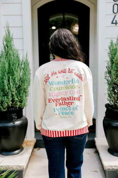 Cream Sweatshirt with Red Stripes and Isaiah 9:6 Verse – Layerz Clothing