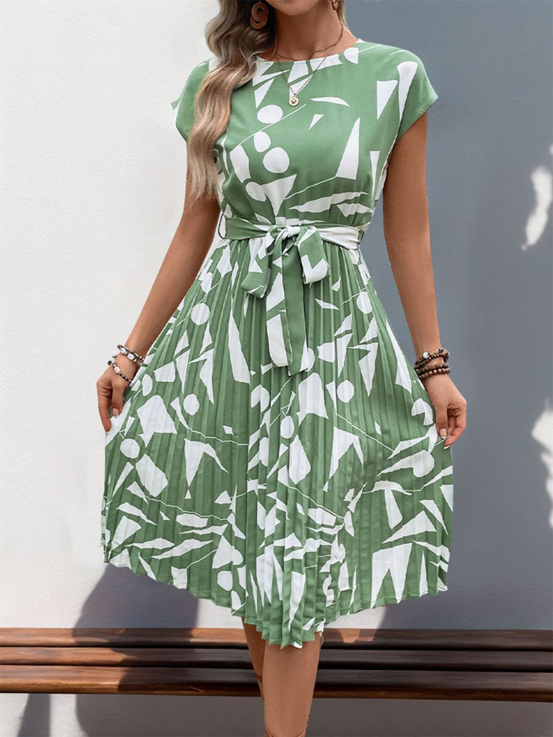 Tied Pleated Printed Cap Sleeve Dress - Cowtown Bling N Things