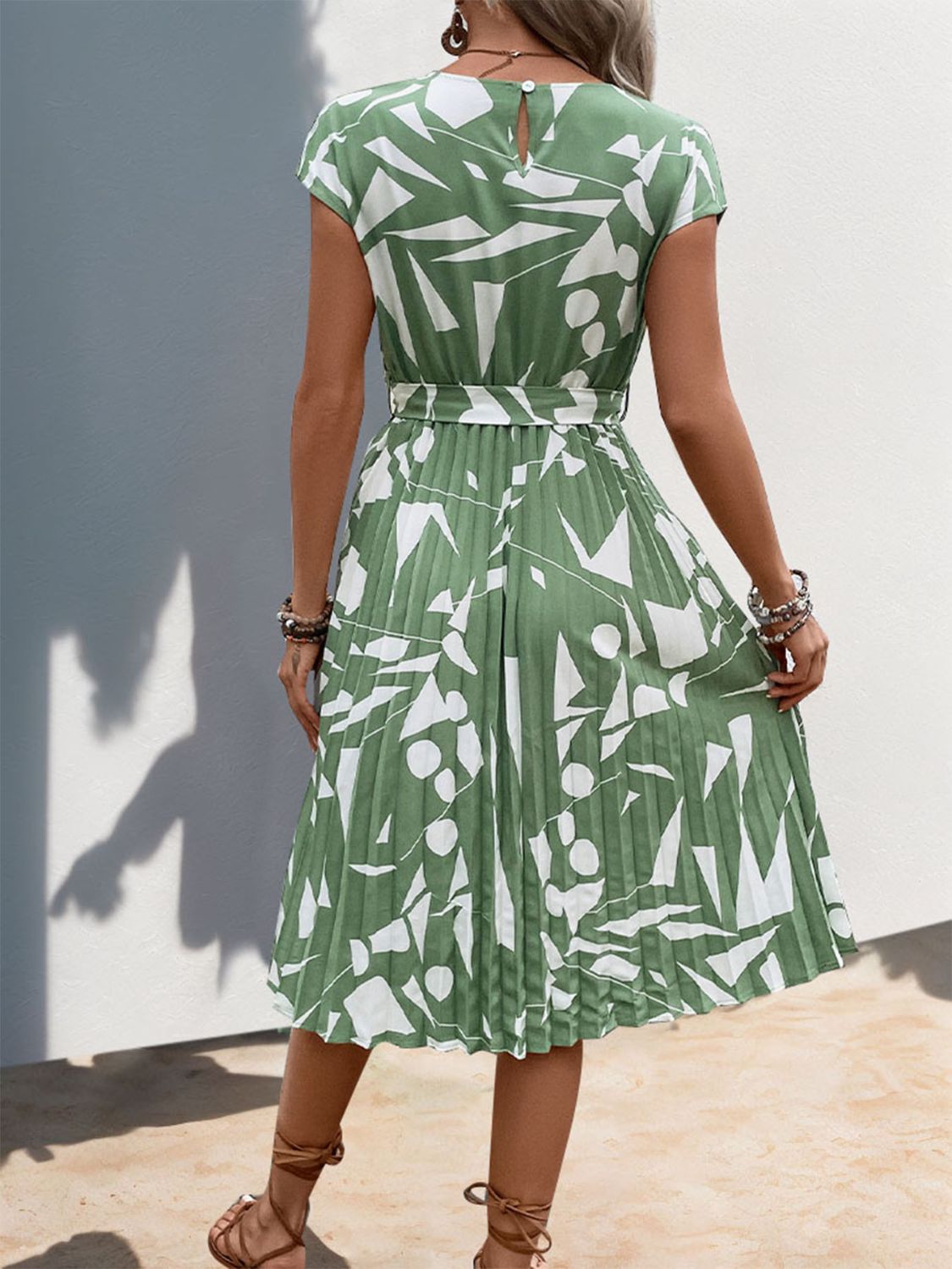 Tied Pleated Printed Cap Sleeve Dress - Cowtown Bling N Things