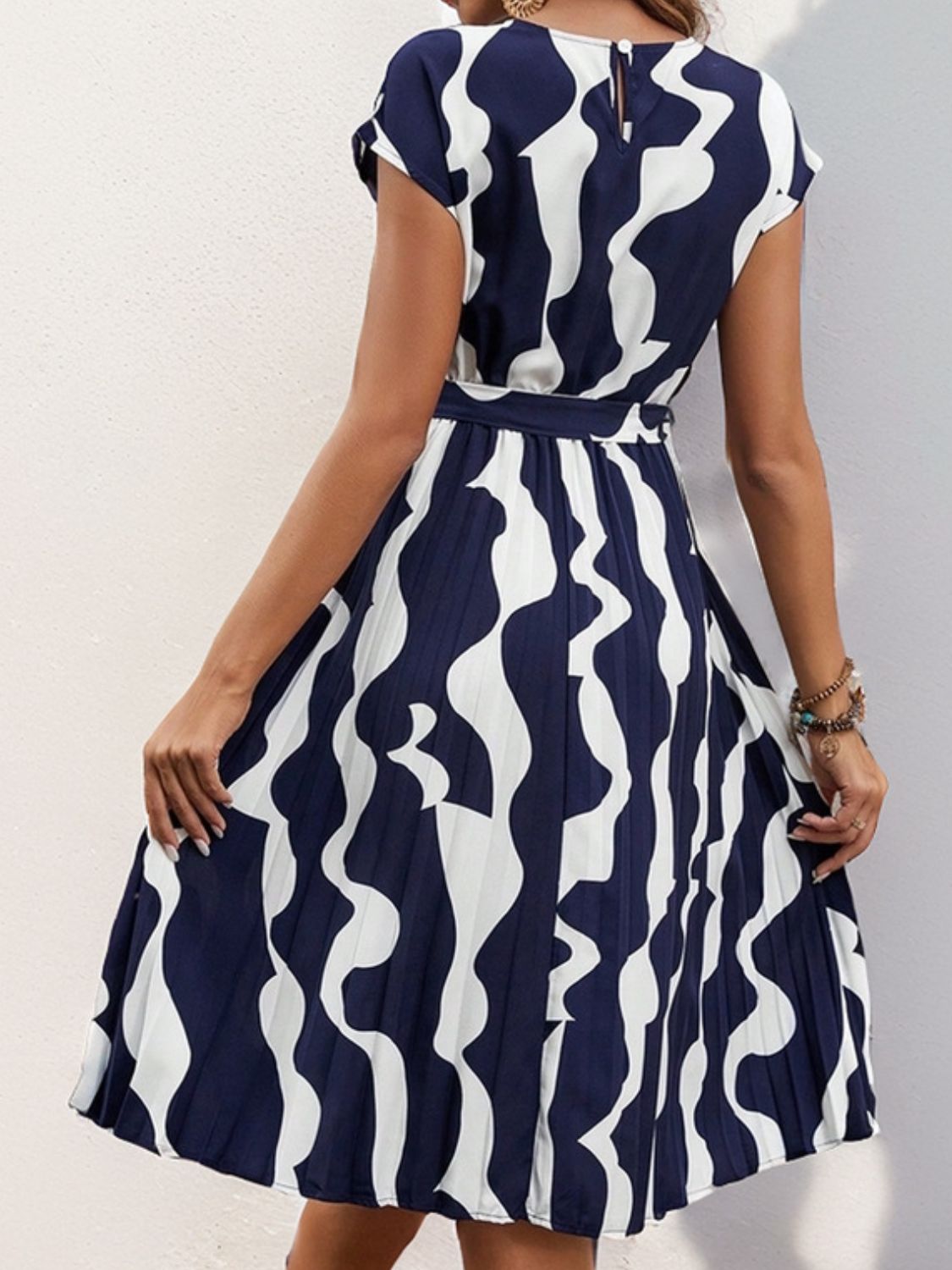 Tied Pleated Printed Cap Sleeve Dress - Cowtown Bling N Things