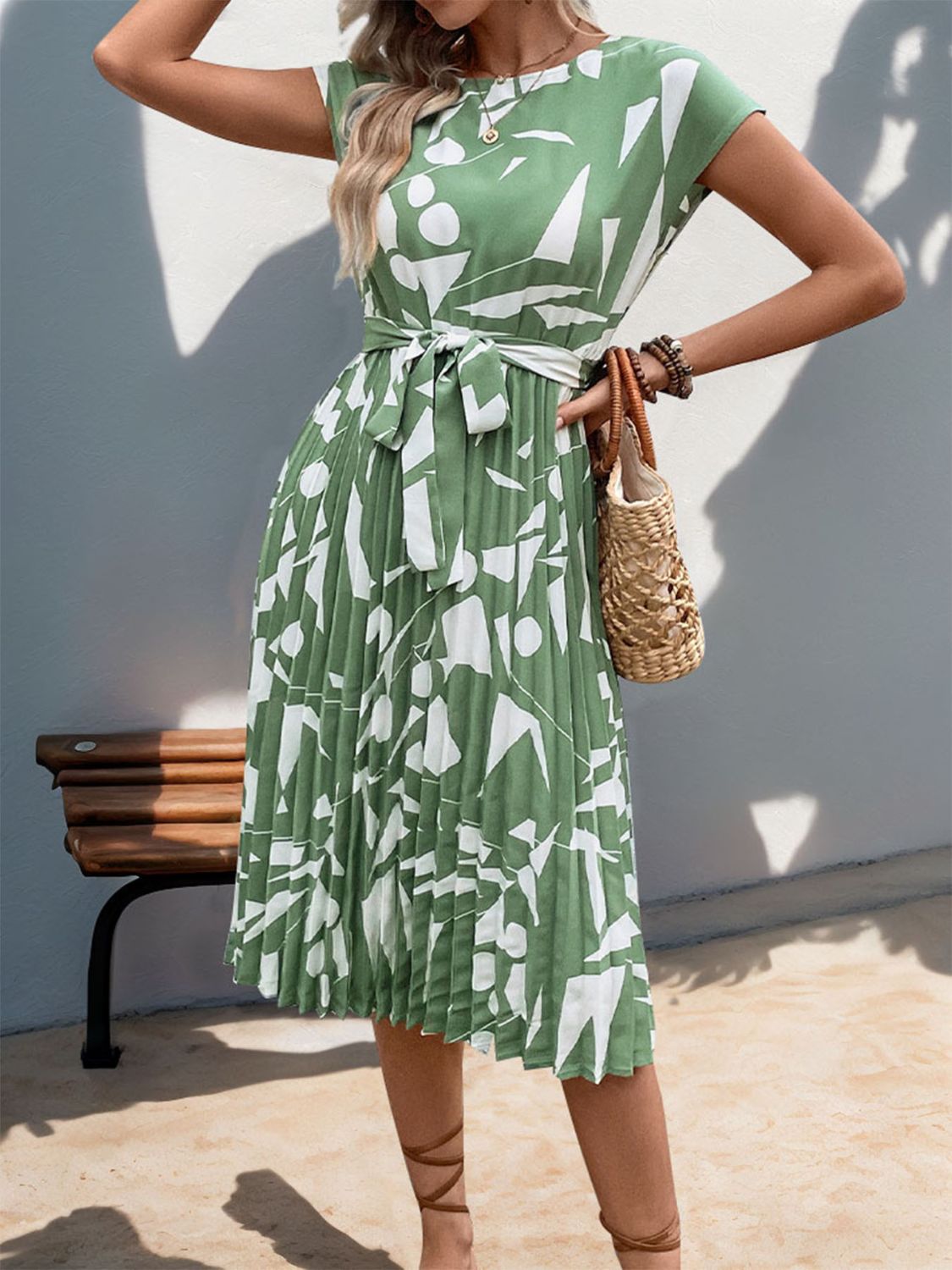 Tied Pleated Printed Cap Sleeve Dress - Cowtown Bling N Things