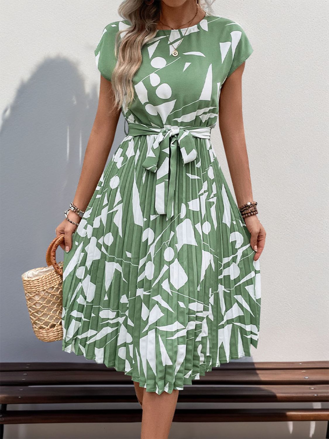 Tied Pleated Printed Cap Sleeve Dress - Cowtown Bling N Things