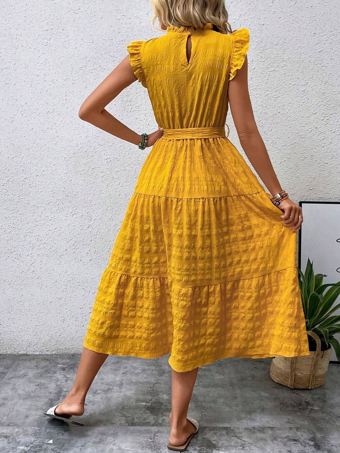Tied Ruffled Cap Sleeve Midi Dress - Cowtown Bling N Things