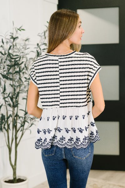 Too Sweet to Share Scalloped Hem Blouse in Ivory and Navy - Cowtown Bling N Things