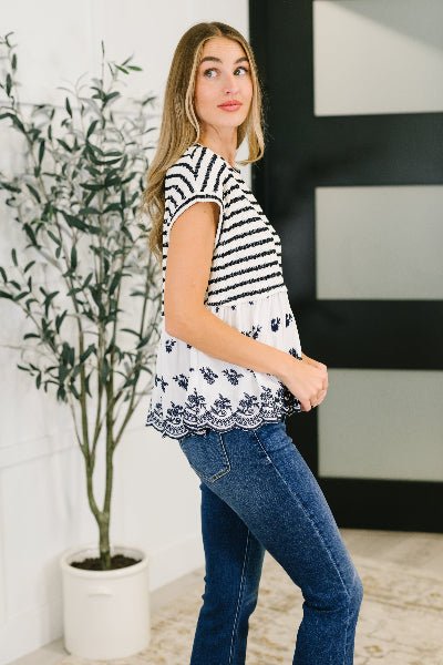 Too Sweet to Share Scalloped Hem Blouse in Ivory and Navy - Cowtown Bling N Things