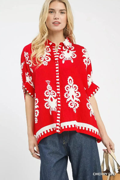 Umgee Abstract Print Button Down Short Sleeve Shirt - Cowtown Bling N Things