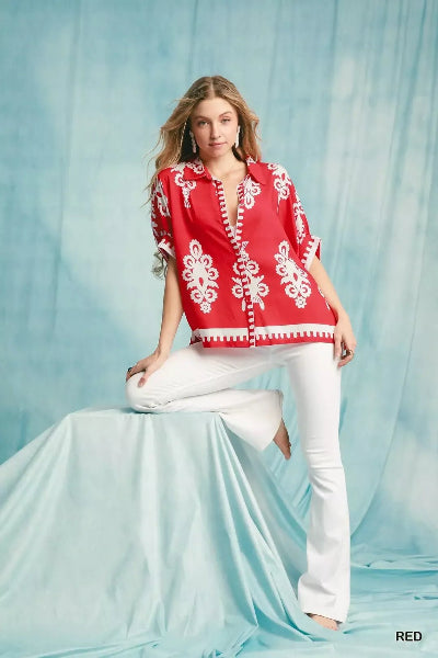 Umgee Abstract Print Button Down Short Sleeve Shirt - Cowtown Bling N Things