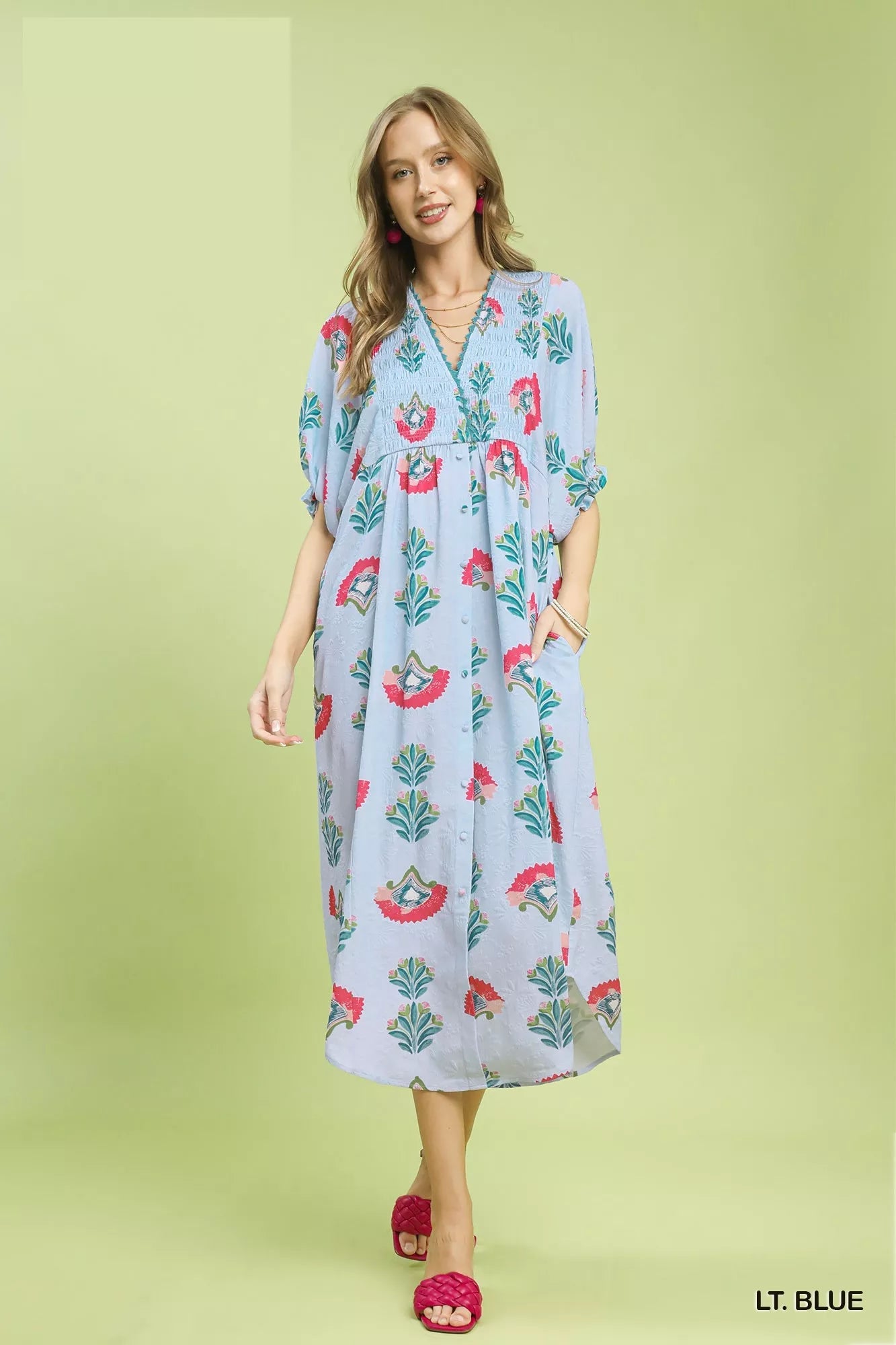 Umgee Abstract Print V - Neck Midi Dress - Cowtown Bling N Things