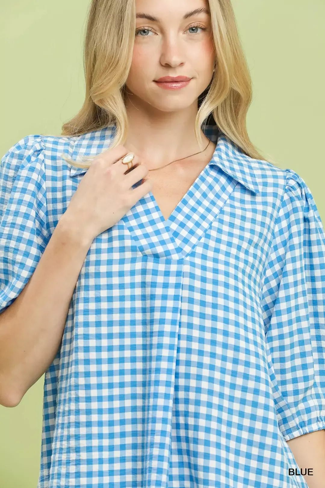 Umgee Gingham Puff Sleeve Collared Blouse - Cowtown Bling N Things
