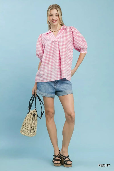 Umgee Gingham Puff Sleeve Collared Blouse - Cowtown Bling N Things